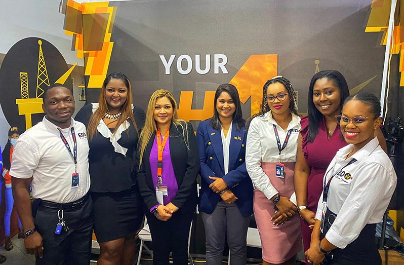 EDO EC 1: From left Nyron Wray, Logistics Coordinator; Jynelle Mohamed, Business Development Manager- International Ventures; Torasha Faerber, Senior Human Resource Officer; Sarona Samaroo, Vice President, EDO; Thalia Wilson, Senior Human Resource and Engagement Officer; Sherry Ferrell, Head of EDO Guyana and Jahdiel Harry, Customer Care Team Lead