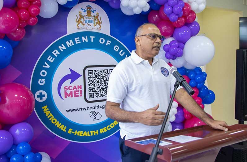 Health Minister Dr Frank Anthony delivers remarks at the launch of the National Electronic Health Record System at the Festival City polyclinic on Saturday (Ministry of Health photos)