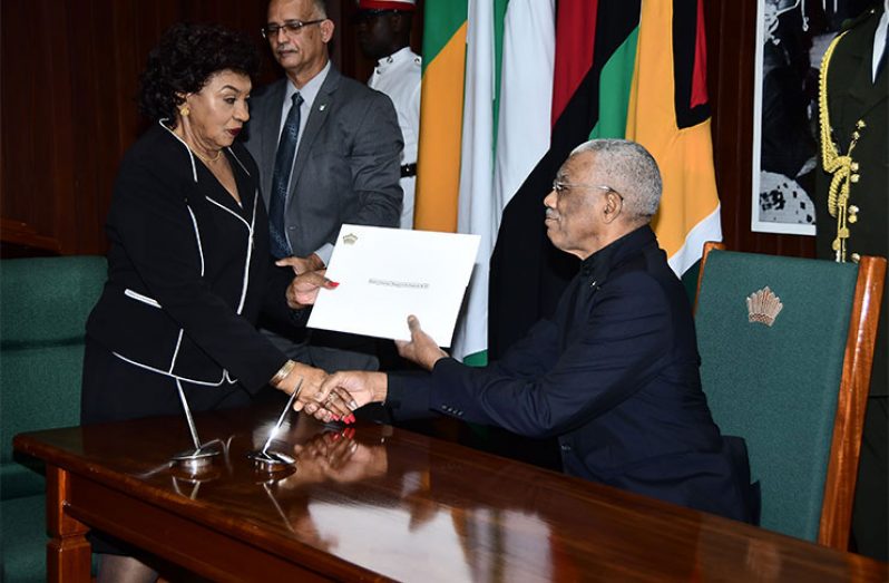 President David Granger and Guyana Elections Commission (GECOM) Chair (Ret’d) Justice Claudette Singh.