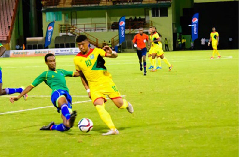 Emery Welshman in action at the Guyana National Stadium against St Vincent and the Grenadines. (Samuel Maughn photo)