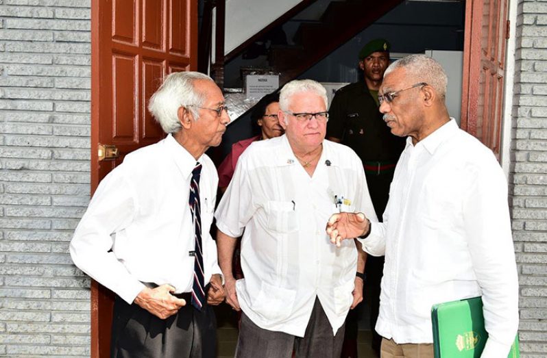 President Granger makes a point to Chairman of the Council, Mr. Vibert Parvatan and Vice-Chairman, Dr. Jose Louis DaSilva