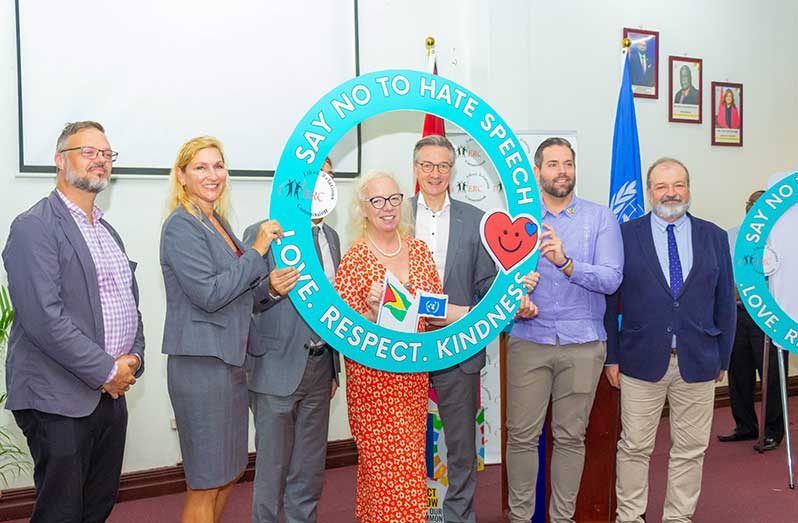 The British High Commissioner to the Co-operative Republic of Guyana, Jane Miller (Centre), US Ambassador to the Co-operative Republic of Guyana, Nicole Theriot, and other diplomats attended the “Counter Hate Speech Campaign” on Tuesday  (Shanice Bamfield photo)