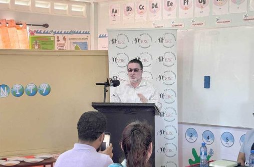 Mr. Shaikh Moeen-Ul-Hack, Chairman of the Guyana Ethnic Relations Commission, addresses students and staff at the launch of the first Harmony Club at Stella Maris Primary