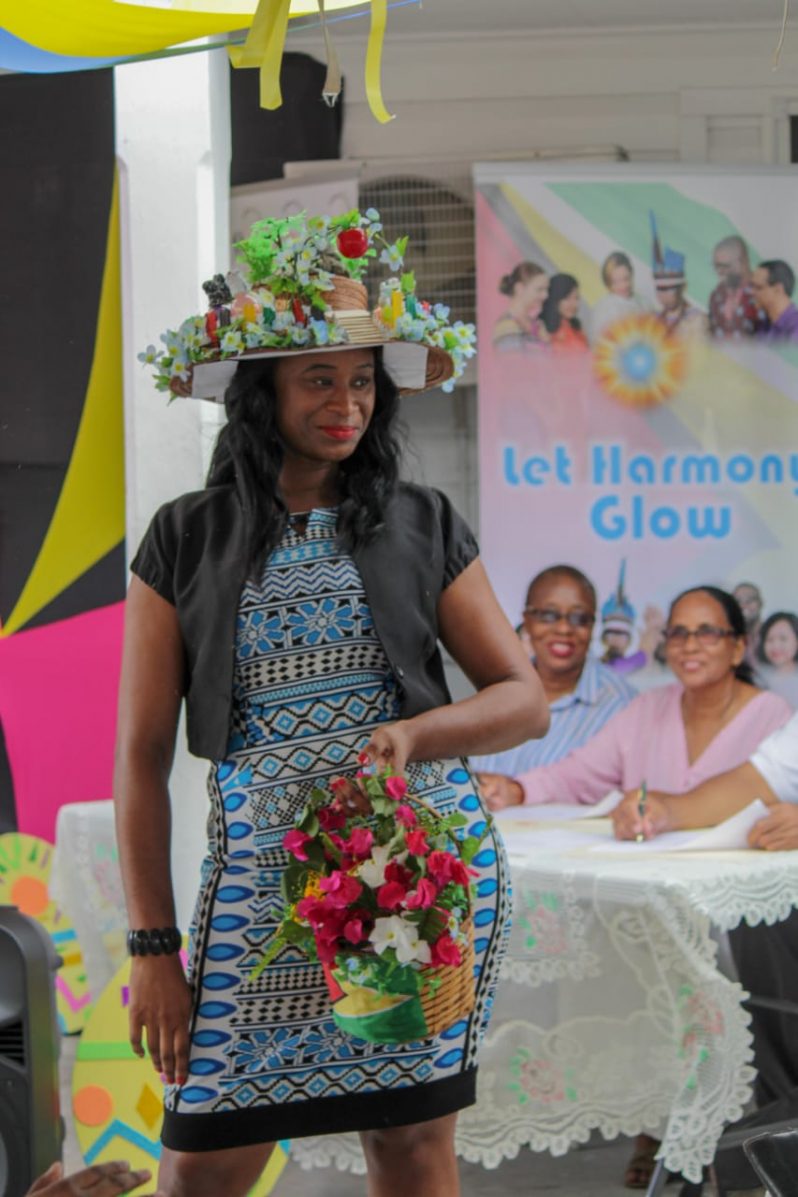 One of the hats made by staff of the ERC being modelled