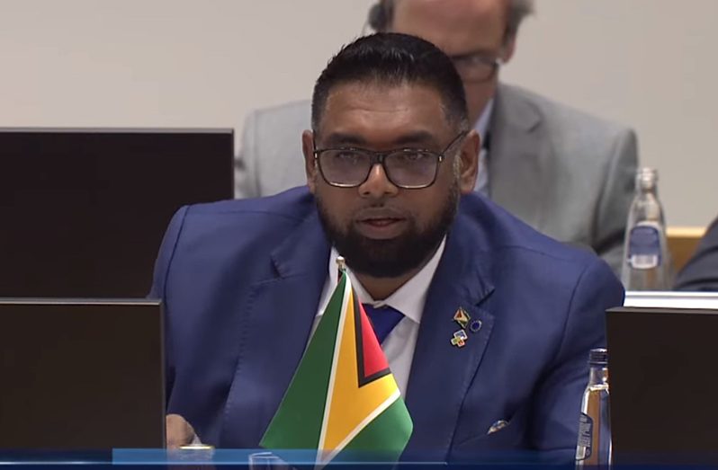 President, Dr. Irfaan Ali addresses the European Union and Community of Latin American and Caribbean States (EU-CELAC) summit in Brussels, Belgium (screenshot taken from News Room’s stream of the President’s speech)