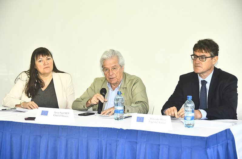 The EU Experts, Chief of Mission and Member of the European Parliament, Javier Nart (centre), Team Leader-Electoral Analyst, Alexander Matus (right) and Legal Expert, Anne Malborough (Adrian Narine photo)