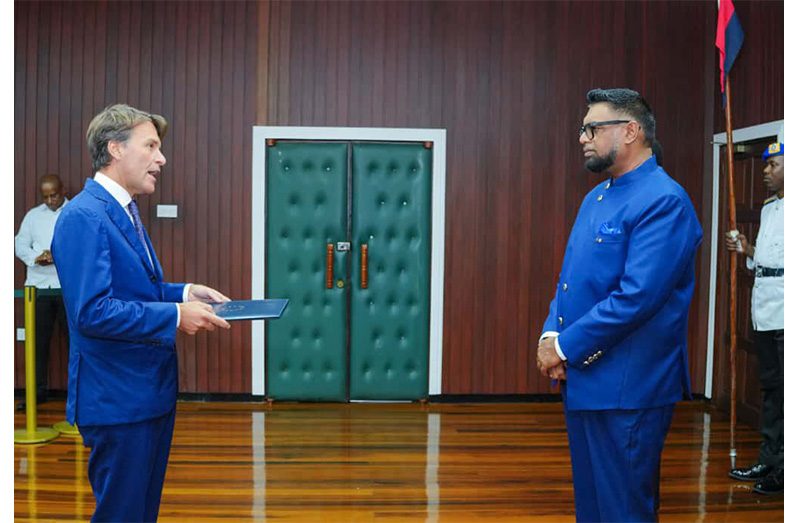 President Dr. Irfaan Ali, on Wednesday, accepted the Letters of Credence from Ambassador Extraordinary Plenipotentiary of the European Union (EU), HE Luca Pierantoni (Office of the President photos)
