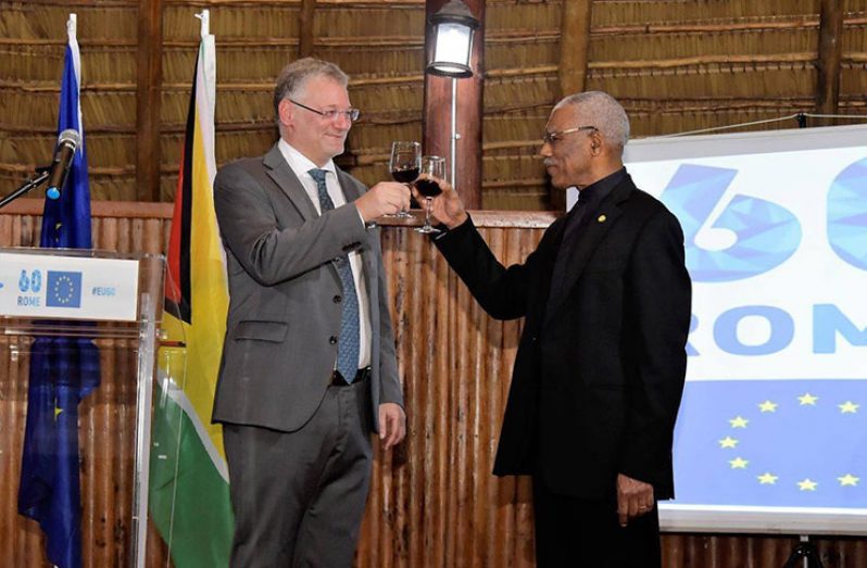 A toast! President Granger and European Union Ambassador to Guyana, Mr. Jernej Videtic toast to the 60th Anniversary of the Treaty of Rome