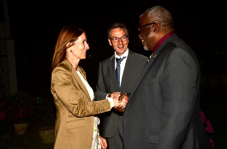 Deputy Secretary-General of the European External Action Service, Helena König (left) sharing a light moment with Prime Minister, Brigadier (Ret’d) Mark Phillips (right) and EU Ambassador to Guyana, Rene Van Nes (centre) at the reception on Thursday evening (Adrian Narine photo)
