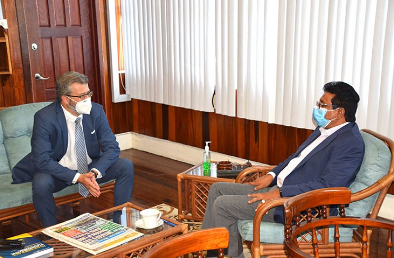Attorney-General, Mohabir Anil Nandlall, in discussion with EU ambassador, Fernando Ponz Canto, recently