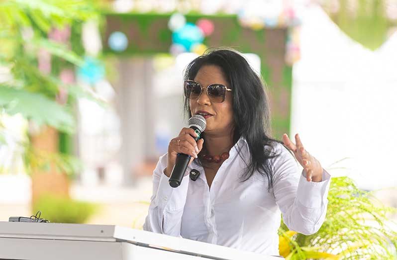 Minister of Education Sonia Parag addresses students and participants at the PAC Earth Day exhibition at the Guyana-China Friendship Park, where she highlighted the importance of strengthening youth involvement in environmental protection (Delano Williams photos)