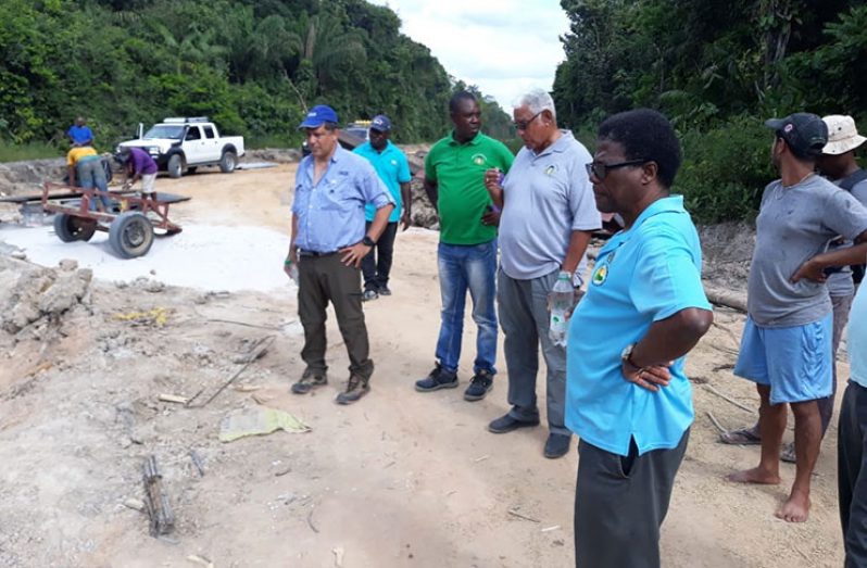 Agriculture Minister Noel Holder and team inspecting road improvement works during a recent visit to Ebini