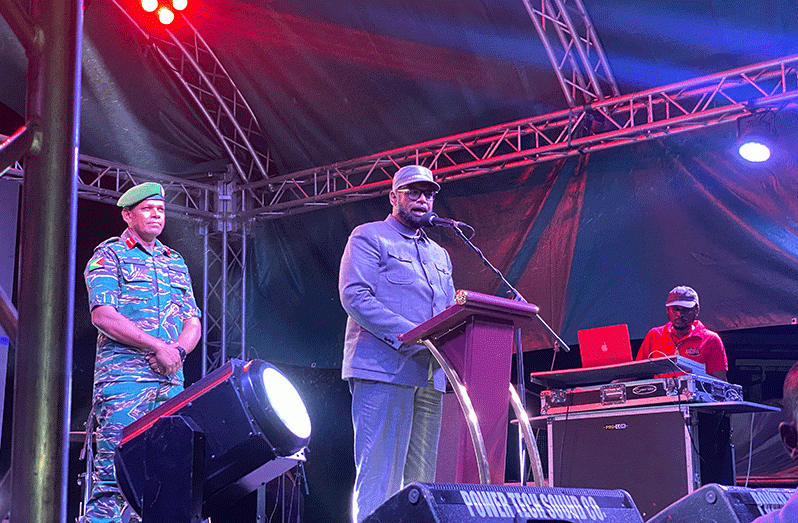 President Dr. Irfaan Ali addressing the gathering at the launch of the Essequibo Chamber of Commerce and Industry’s annual Agro and Trade Expo at the Anna Regina Secondary School ground on Friday