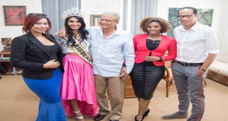 From Left is Local Miss World Guyana organiser, Natalya Thomas,Miss World Guyana 2014, Rafieya Husain, Minister of Education Dr. Rupert Roopnaraine, Franchise Holder Natasha Martindale, and renowned Guyanese Designer Roger Gary