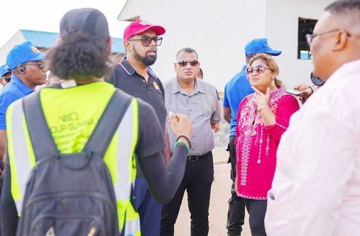 President Dr. Irfaan Ali, together with Minister of Education Priya Manickchand, and Minister of Housing and Water Collin Croal conducted a site visit at the ongoing construction of Hosororo Secondary School