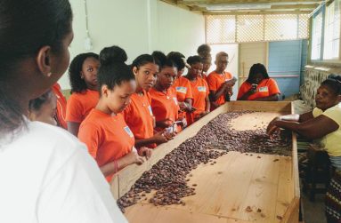 The Marti participants being taught about the chocolate making process at the Diamond Chocolate Factory