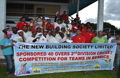 Mr Rana Persaud, Manager of NBS hands over the winning trophy to D’Edward captain Jaipaul Heeralall in the presence of other staffers of NBS, players from the victorious team and BCB officials.