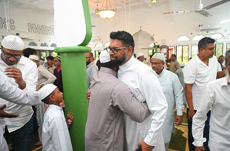 President Dr. Irfaan Ali observe Eid-ul-Adha Salaat at the Leonora Sunnatul Jamaat Monday morning