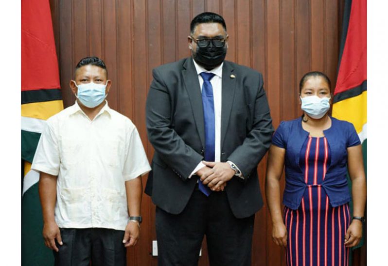 President Dr. Irfaan Ali, along with Regional Chairman of Region Eight (Potaro-Siparuni), Headley Pio and Vice-Chair, Claris Francisco following their swearing-in on Monday (Office of the President photos)