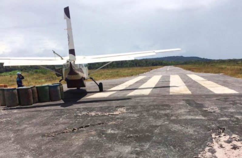 A section of the threshold at one end of the runway at the Ekereku Bottom airstrip, Region Seven. Pilots have complained that substandard works by a contractor has resulted in cracks on both ends of the runway. The area where planes land has been in a deplorable state for the past several weeks
