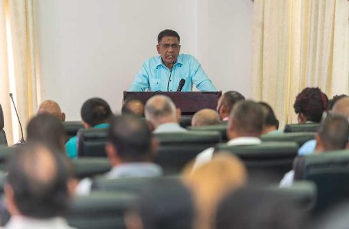 Agriculture Minister Zulfikar Mustapha addresses farmers at the El Niño Stakeholders' Preparedness Forum (Delano Williams photos)