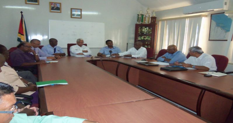 Agriculture Minister Noel Holder (centre) flanked by sectorial representatives who offered their advice on combating the impact of El Nino