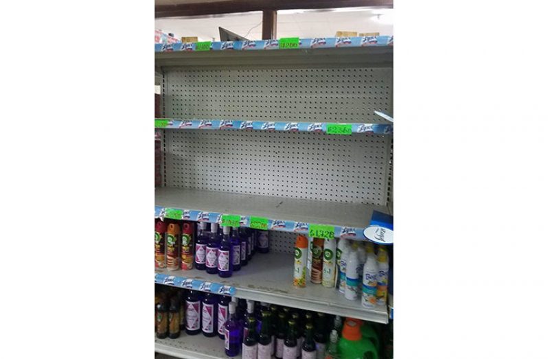An empty stand where Lysol was completely sold out in a leading supermarket in Mackenzie