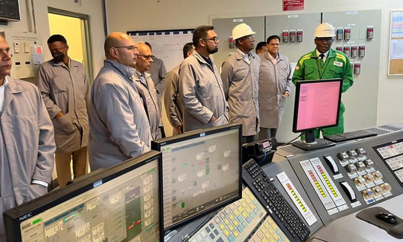 President, Dr Irfaan Ali; President of Suriname, Chandrikapersad Santokhi and Trinidad and Tobago Prime Minister, Keith Rowley on Thursday visited the Point Lisas Industrial Estate, Couva, for a tour and meeting with executives of the National Energy Corporation of Trinidad and Tobago Limited (Office of the President photo)