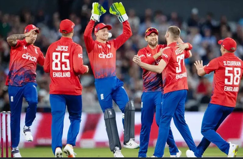 England's fielders celebrate as Gus Atkinson claims Devon Conway for his first international wicket (AFP/Getty Images)