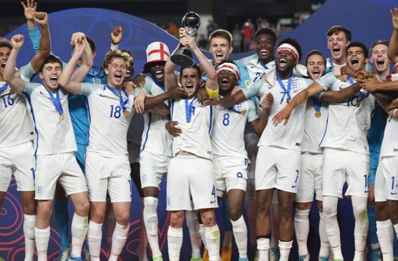 England’s newly crowned Under-20 World Cup winners celebrate.