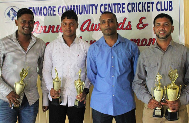 Some of the award winners: Club captain Bheemraj Ramkelawan (second right) with awardees Amir Khan (left), Satesh Jainarine (second left) and Imran Hassan.