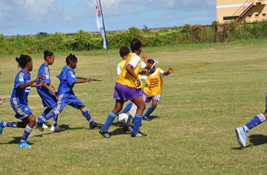 Part of the enthralling action in the day’s final contest between Enterprise Primary (blue) and Tucville Primary which the former won 3-0.