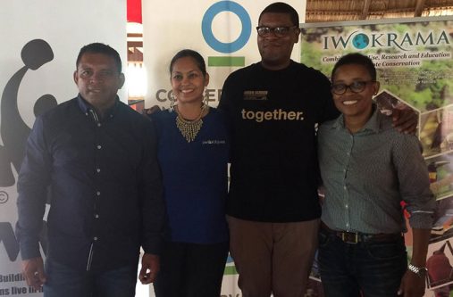 [L-R] COBRA community researcher, Ryan Benjamin; Director for Resource Management and Training at Iwokrama, Raquel Thomas-Caesar ; Director of Sustain T&T and producer of “A Better Place”, Carver Bacchus; and CAFA co-founder and TFF Director, Romola Lucas