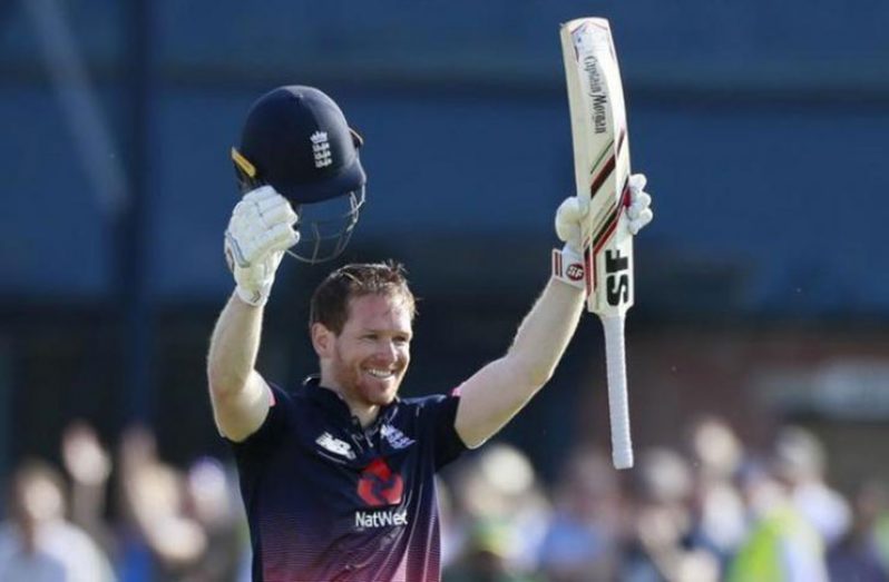 England's Eoin Morgan celebrates making a century. (Action Images via Reuters/Jason Cairnduff)