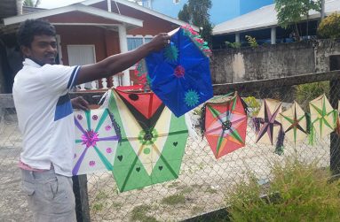 Adit Ramanand standing in front his yard where he sells his kites. He is posing with some of the kites he made
