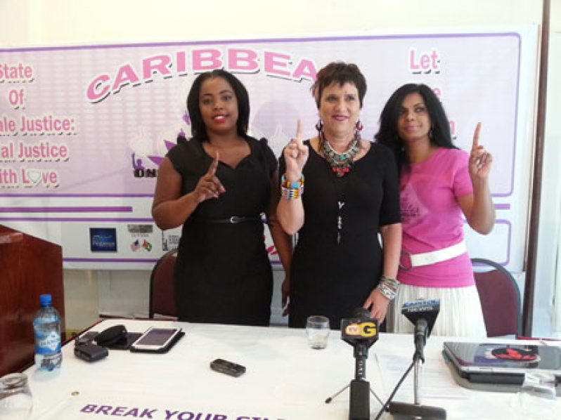 Eve Ensler (centre) flanked by Tracey Kahn-Drakes (left) and Diane Madray at the press conference Sunday (Photo by Michel Outridge)