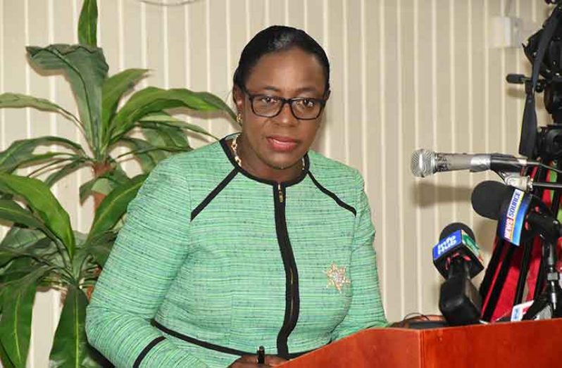 Education Minister Nicolette Henry addressing the gathering at NCERD where the results were announced (Adrian Narine photo)
