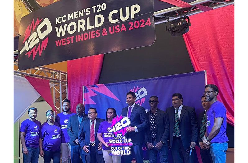 Executives of the Guyana Cricket Board flank Chairman of the Local Organising Committee and Director of Sport, Steve Ninvalle; Guyana Cricket Board President, Bissoondyal Singh; Minister Charles Ramson Jr., and West Indies Cricketer, Shamar Joseph, along with other members of the Local Organising Committee