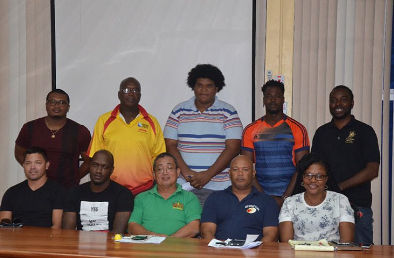 New GRFU Executives: (L-R sitting) Ryan Gonsalves, Rawle Toney, Peter Green, Major Earl Edghill and Petal Adams. (Standing L-R) Treiston Joseph, Sherlock Solomon, Kevon Davis, Telroy Solomon and Esan Griffith.