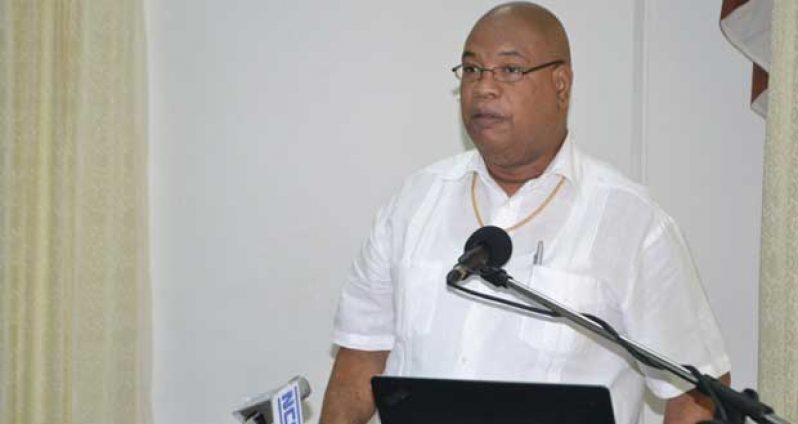 Minister Juan Edghill delivering remarks at the ‘Exit’ workshop of the Agriculture Export Diversification Project (ADP) on Wednesday