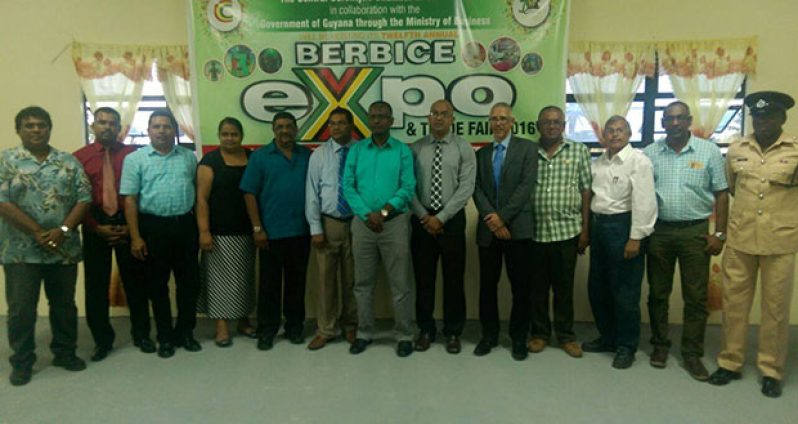 Members of the Corentyne Chamber of Commerce along with Minister of Business Dominic Gaskin and members of the Guyana Police Force at the launch two Fridays ago of the Berbice Expo 2016