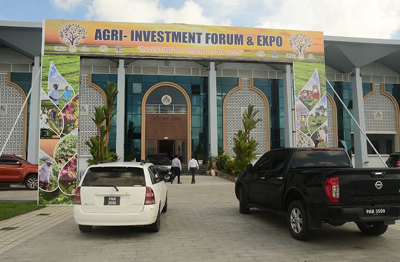 The banner has already been set up at the Arthur Chung Conference Centre for the inaugural Agri-Investment Forum & Expo (Adrian Narine photo)