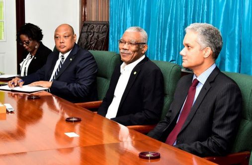 President Granger sits with Minister of Natural Resources, Mr. Raphael Trotman, Presidential Advisor on Petroleum, Dr. Jan Mangal, and another Government Officials during the meeting.