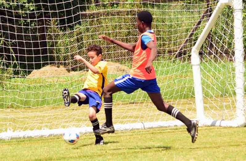 Quality Clearance! This defender clears his line the old-fashioned way with a hefty right foot during the opening day of the ExxonMobil U-14 football tournament (Adrian Narine photos)