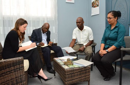 Kimberly Brassington, Senior Director, Public and Government Affairs at ExxonMobil Guyana; Mr. Carlton James, Public and Government Affairs Manager, Esso Exploration and Production Guyana Limited; Major Kester Craig, acting Director General of the Civil Defence Commission and Ms. Sophia Gafoor from the CDC