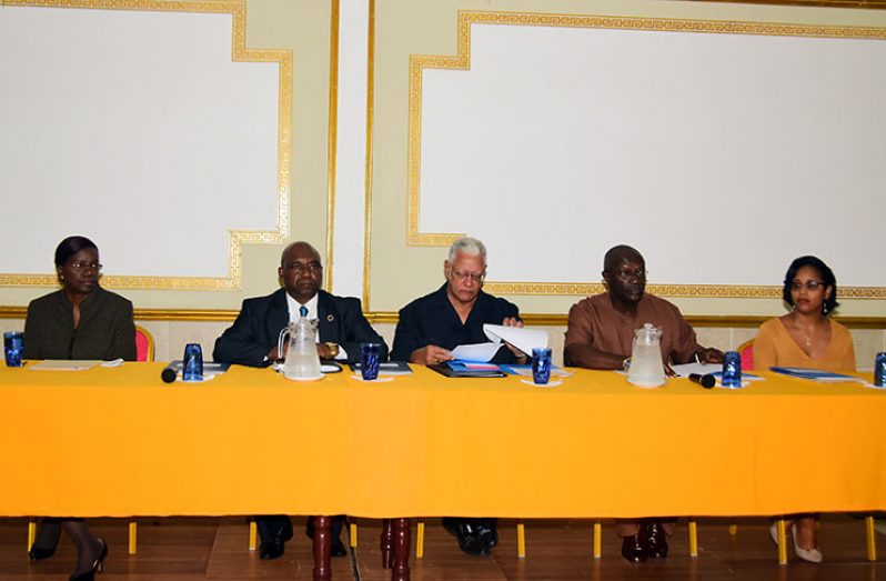From left: Permanent Secretary of the Ministry of Agriculture, Delma Nedd; FAO Country representative, Reuben Robertson; Agriculture Minister, Noel Holder; Permanent Secretary, Ministry of Education Vibert Welch; and Trudy Abrahams, FAO’s Communication Consultant during the opening of the national dialogue on the 35th FAO Regional Conference of Latin America and the Caribbean. (Adrian Narine photo)