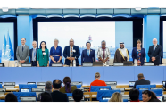 FAO Director-General QU Dongyu, sixth from left, stands with ministers and other panellists at the opening session of COFI 37 (FAO/Giulio Napolitano photo)