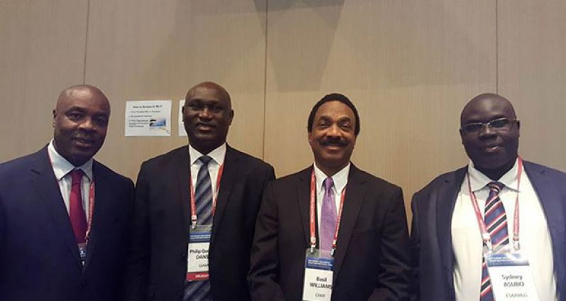 From left, Caribbean Financial Action Task Force (CFATF) Executive Director, Calvin Wilson; Gambia’s Financial Intelligence Centre official, Philip Danso; Attorney General Basil Williams; and Ugandan finance official, Sydney Asubo