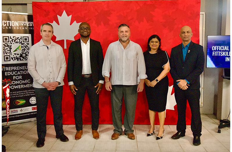 Canadian High Commissioner to Guyana, Sébastien Sigouin; Vishnu Doerga, CEO of Action INVEST Caribbean Inc; Dr Kofi Dalrymple, Adviser in the Ministry of Education with responsibility for Tertiary Education and other officials at Wednesday’s launch