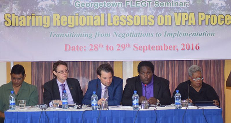 Permanent Secretary of the Natural Resources Ministry, Joslyn McKenzie (second from right) delivering brief remarks, in the presence of GFC Chair Jocelyn Dow (on the right) and (from left to right) FC Commissioner James Singh, Acting British High Commission Ron Rimmer and Head of Cooperation of the EU Delegation in Guyana Christof Stock